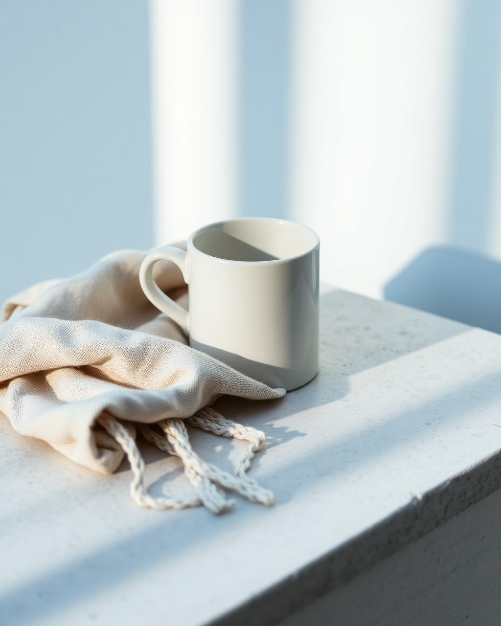 AI-genererad stilleben med kopp och textil i ljust blått ljus